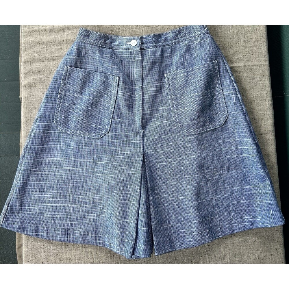 Vintage 70s Jantzen Culottes Skort Plaid Crosshatch Blue White XS